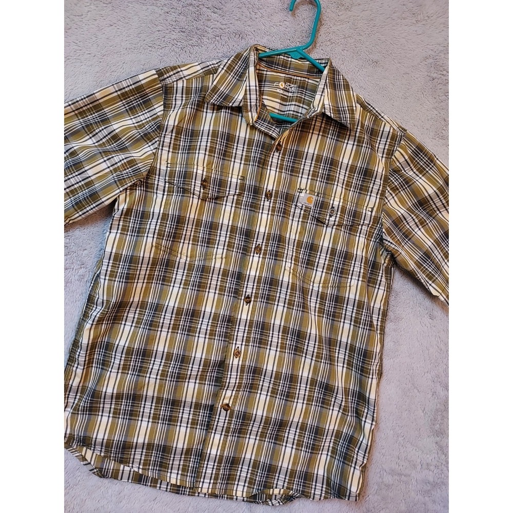 Carhartt Force Shirt Mens Medium Relaxed Fit Work Wear Plaid Green Outdoor READ